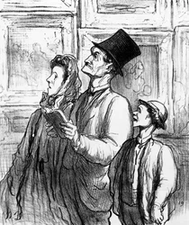 Rodina navštěvující pařížský Salon roku 1863 a komentující Manetův obraz „Olympia“, karikatura z časopisu „Charivari“, 19. června 1865